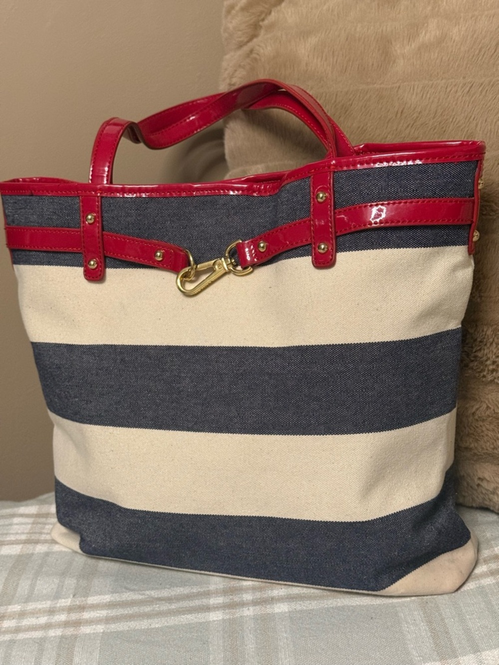 Tommy Hilfiger Nautical Stripe Canvas Tote Bag – Red Patent Trim & Lobster Claw - Picture 2 of 6